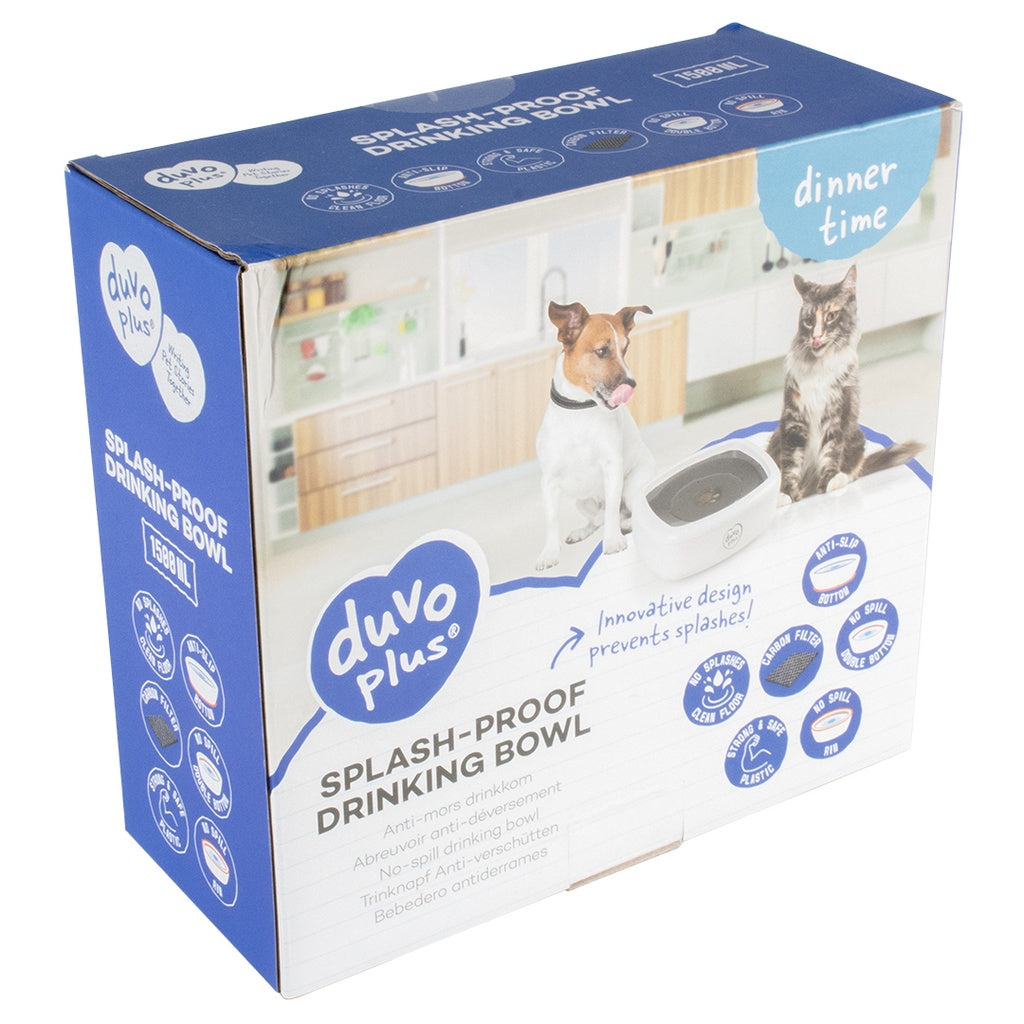 Duvo+ Splash-Proof Square Drinking Bowl 1500ml – White/Grey