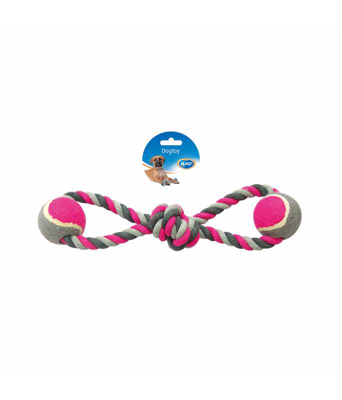 Duvo+ Knotted Cotton Rope Toy with Ring & 2 Tennis Balls – 38cm Grey/Pink