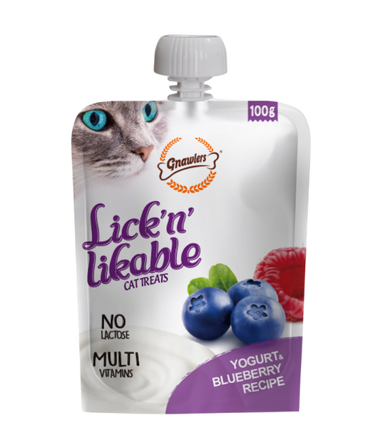 Gnawlers Lick N Lickable Cat Treats – Yogurt & Blueberry 100g