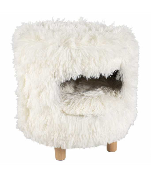 Duvo+ Cat House White Long Plush 31x31x34cm – Soft & Cozy