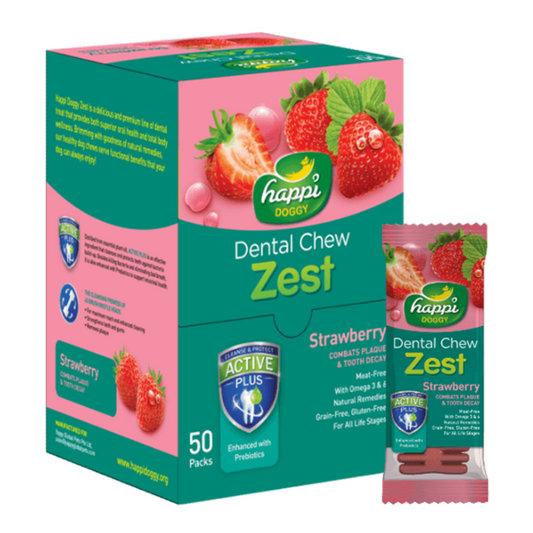 Happi Doggy Dental Chew Zest – Strawberry Flavor (4") Display Box of 50
