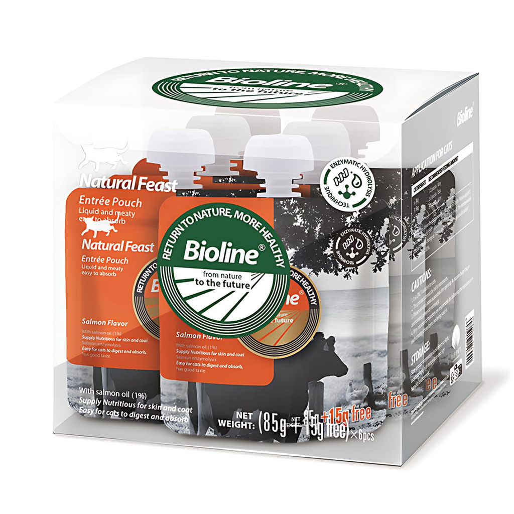 Bioline Natural Feast Salmon Pouch 85g + 15g High-Quality Cat Food