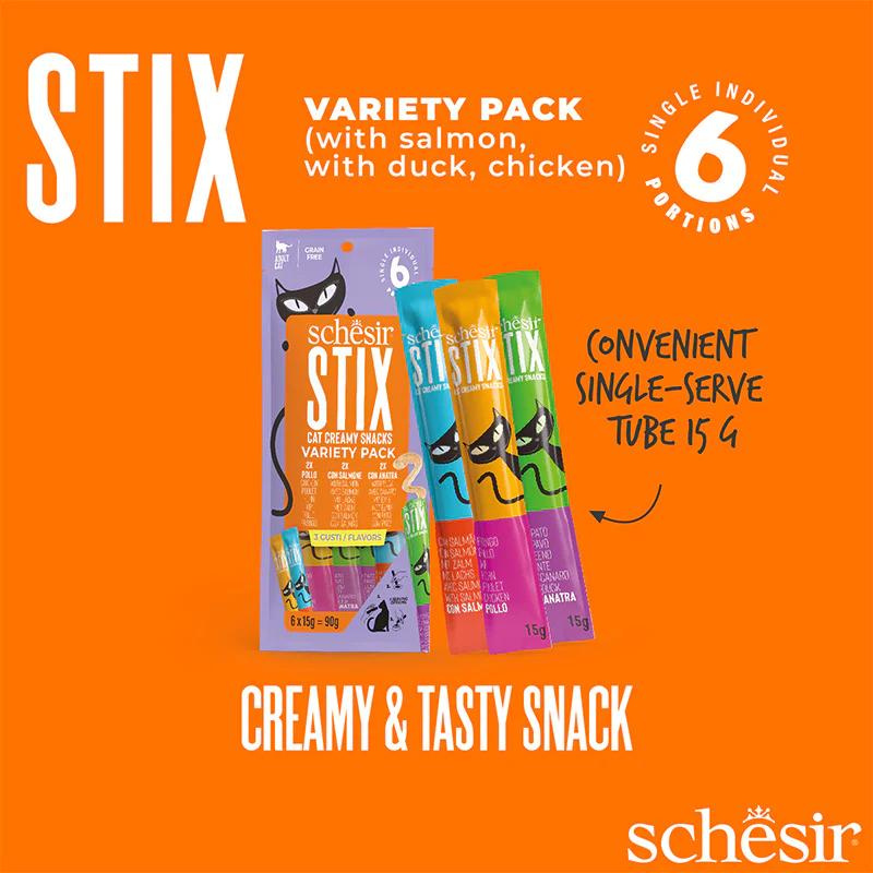 Schesir Cat Treat Stix Variety Pack Chicken, Duck, Salmon 6X15G