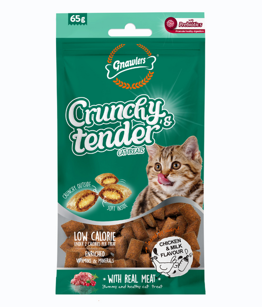 Gnawlers Crunchy & Tender Cat Treats – Chicken & Milk Flavor 65g