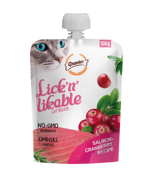 Gnawlers Lick N Lickable Cat Treats – Salmon & Cranberry 100g
