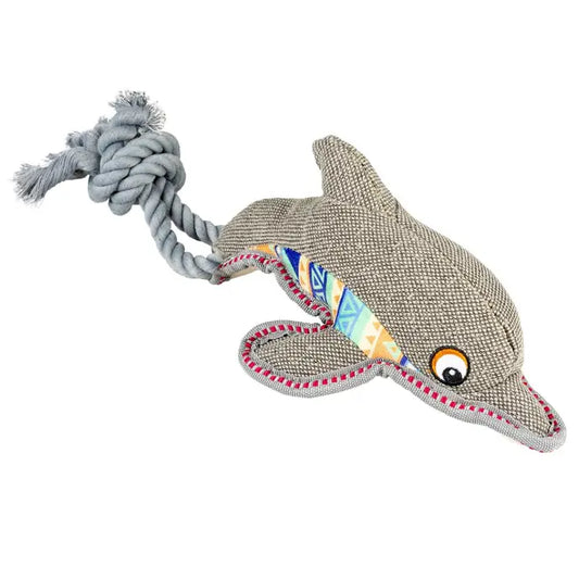 Duvo+ Canvas Dolphin Dog Toy – 46x14x11cm Grey with Rope