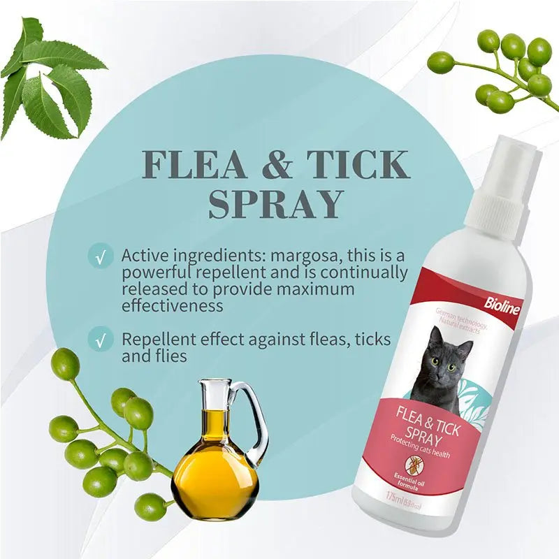 Bioline Flea & Tick Spray for Cats 175ml  Fast-Acting Flea Treatment
