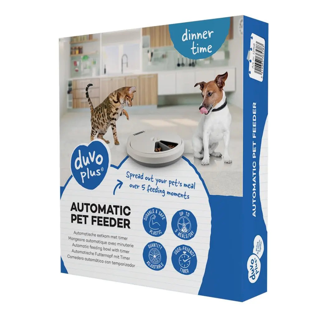 Duvo+ Automatic Pet Feeder – 5 Meal Dispenser, White/Grey 33x36x6cm