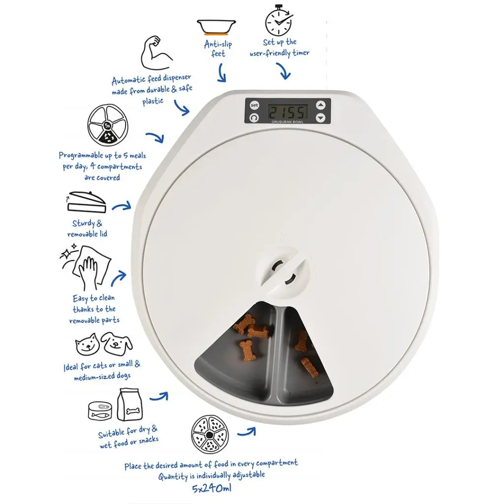 Duvo+ Automatic Pet Feeder – 5 Meal Dispenser, White/Grey 33x36x6cm