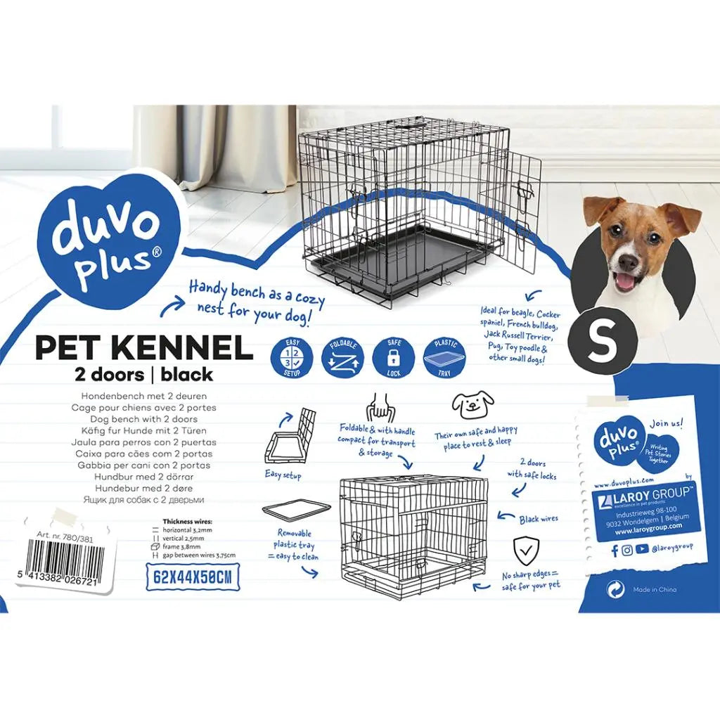 Duvo+ Dog Crate – 2 Doors – Plastic Tray – Black [Dimension - 76 x 48 x 54cm]