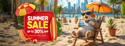 PetCare.ae summer sale banner featuring a happy cartoon cat in sunglasses relaxing on a beach chair with a can of pet food, promoting up to 30% off on pet supplies – limited time only.
