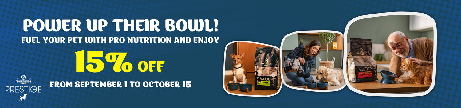 Pro-nutrition pet food packages with a dog, cat, and promotional text on a blue background