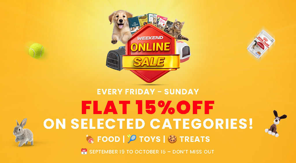 Promotional banner for an online sale with cartoon animals and promotional text on a yellow background